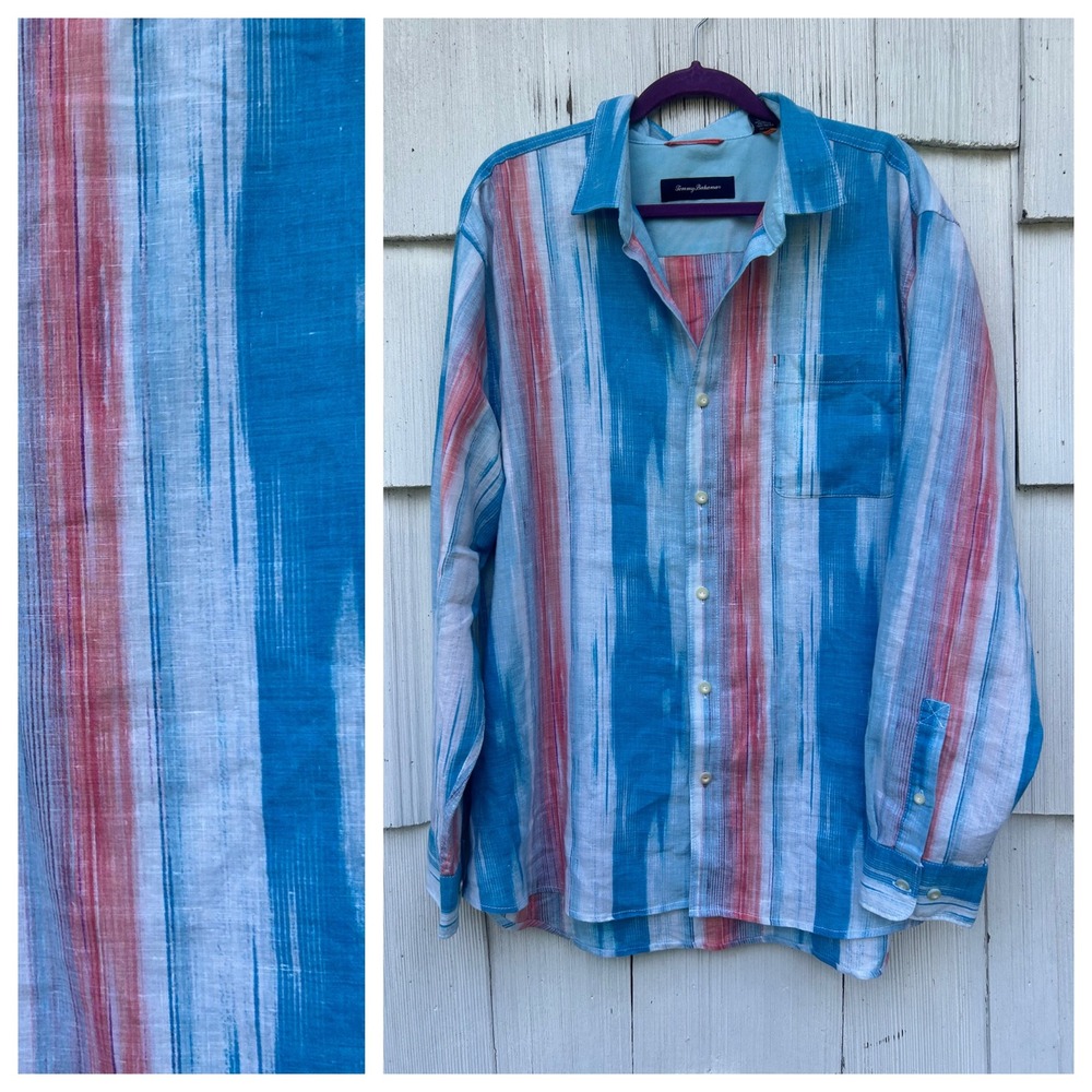 Tommy Bahama Mens XXL Blue Abstract Ikat Stripe Linen Blend Long Sleeve Shirt